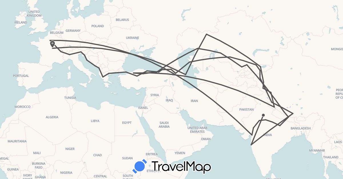 TravelMap itinerary: motorbike in Albania, Azerbaijan, Switzerland, China, France, Georgia, Greece, Croatia, India, Italy, Kyrgyzstan, Kazakhstan, Nepal, Turkey (Asia, Europe)